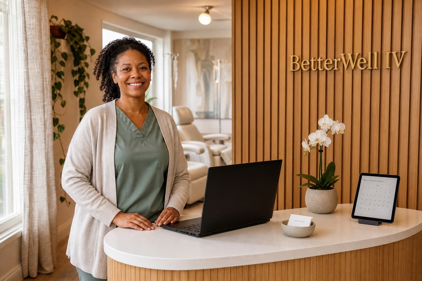IV therapy practice owner behind the reception desk at BetterWell IV