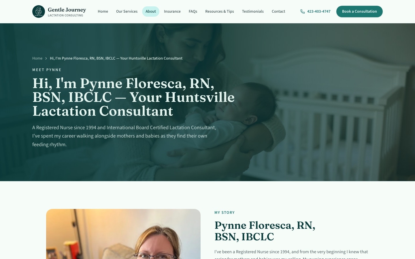 Gentle Journey about page highlighting IBCLC credentials and care philosophy