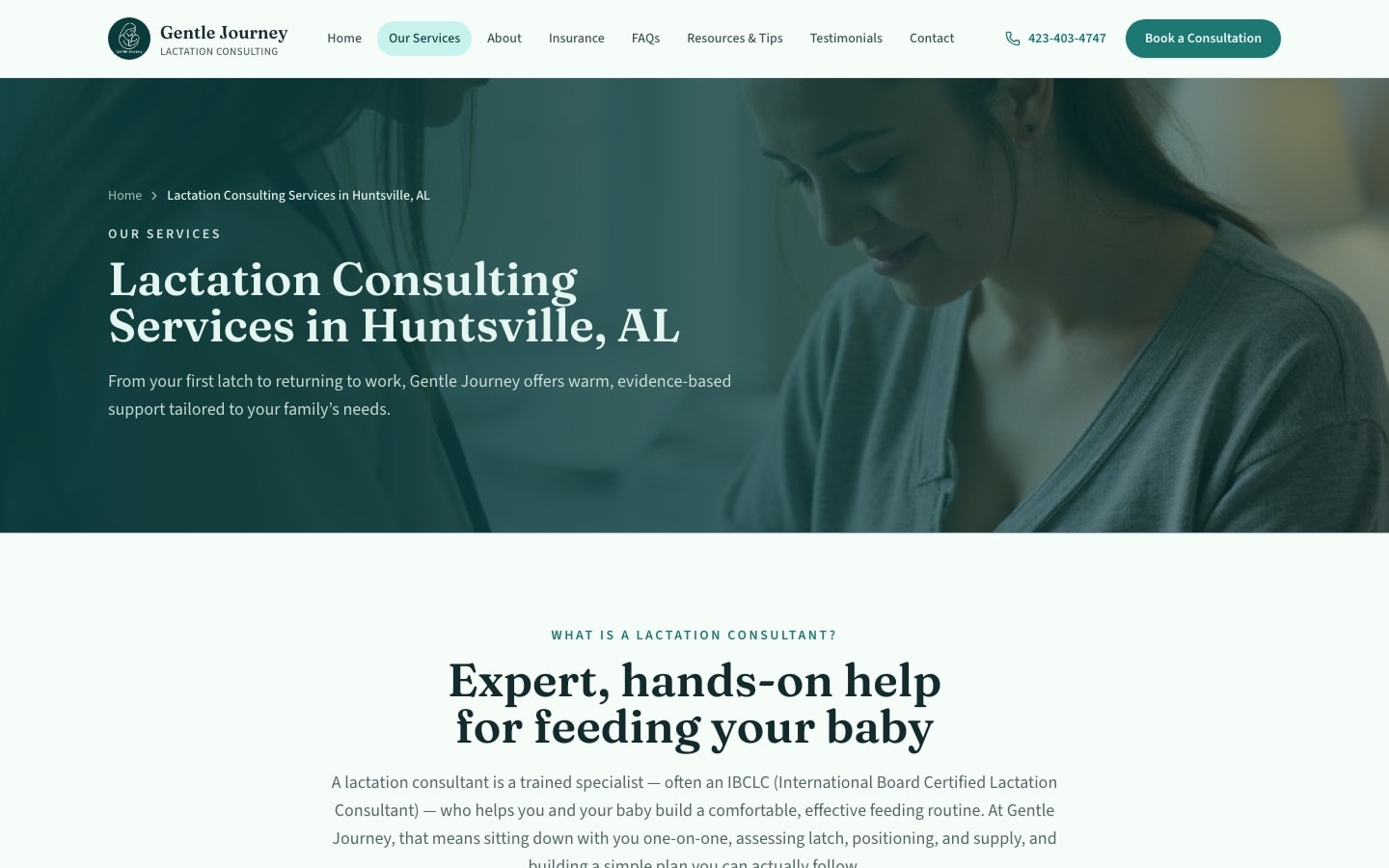 Gentle Journey services page for one-on-one, in-home, and virtual lactation support