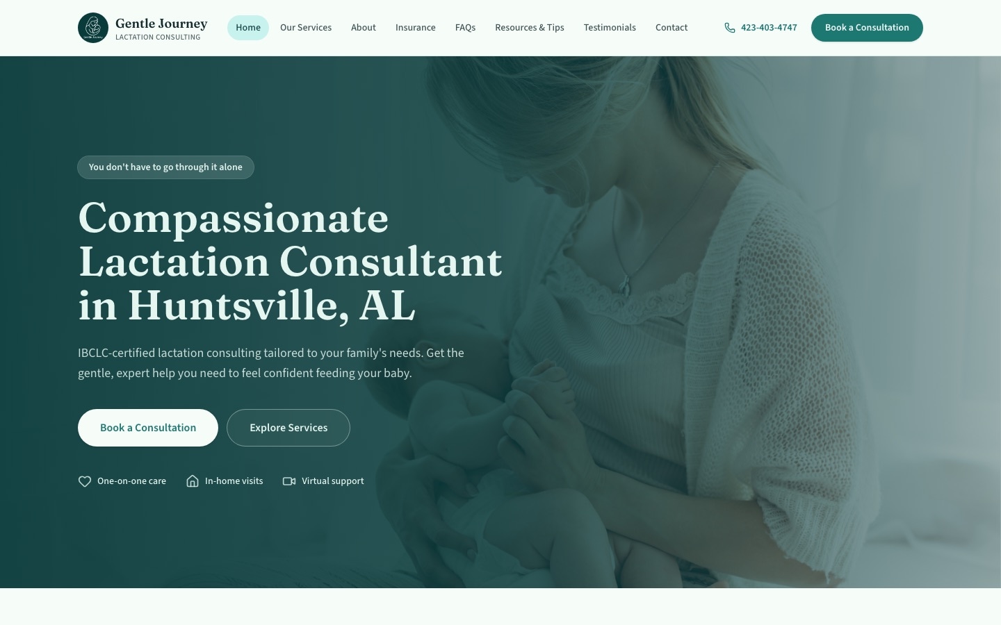 Gentle Journey Lactation Consulting website homepage — IBCLC lactation support in Huntsville, AL